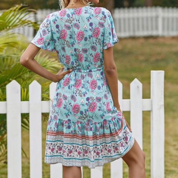 Button up boho gypsy floral print mini dress pink - Picture 10 of 12